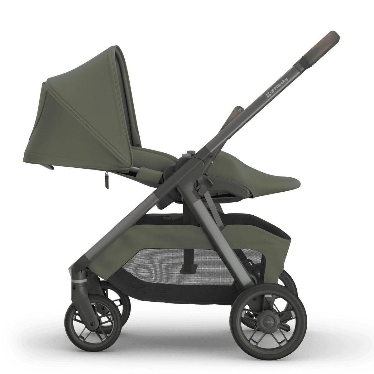 
Rear view of an olive green baby stroller with a grey frame, handle, and storage basket, isolated on a white background.