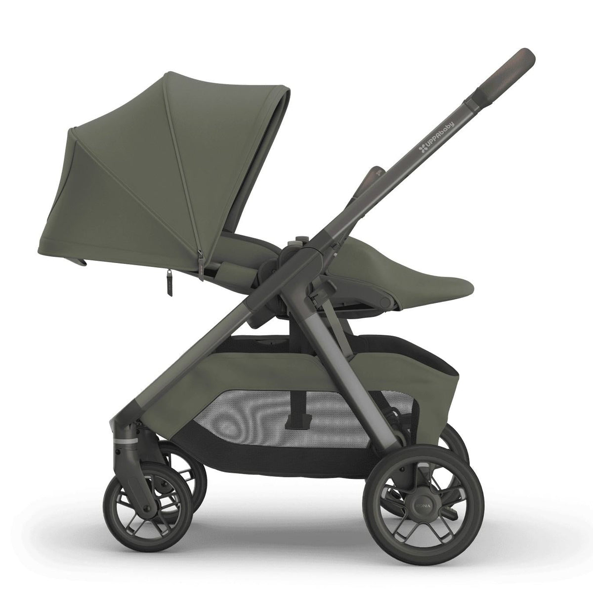 
Side profile of a reclined olive green baby stroller with a grey frame and sun canopy, isolated on a white background.