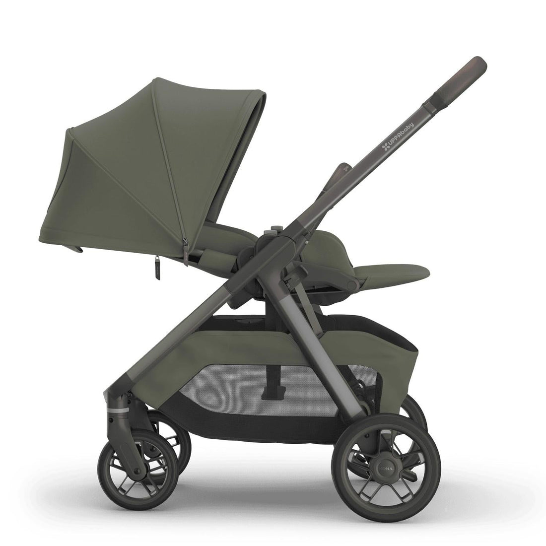 
Side profile of a reclined olive green parent-facing baby stroller with an extended sun canopy and grey frame, isolated on a white background.