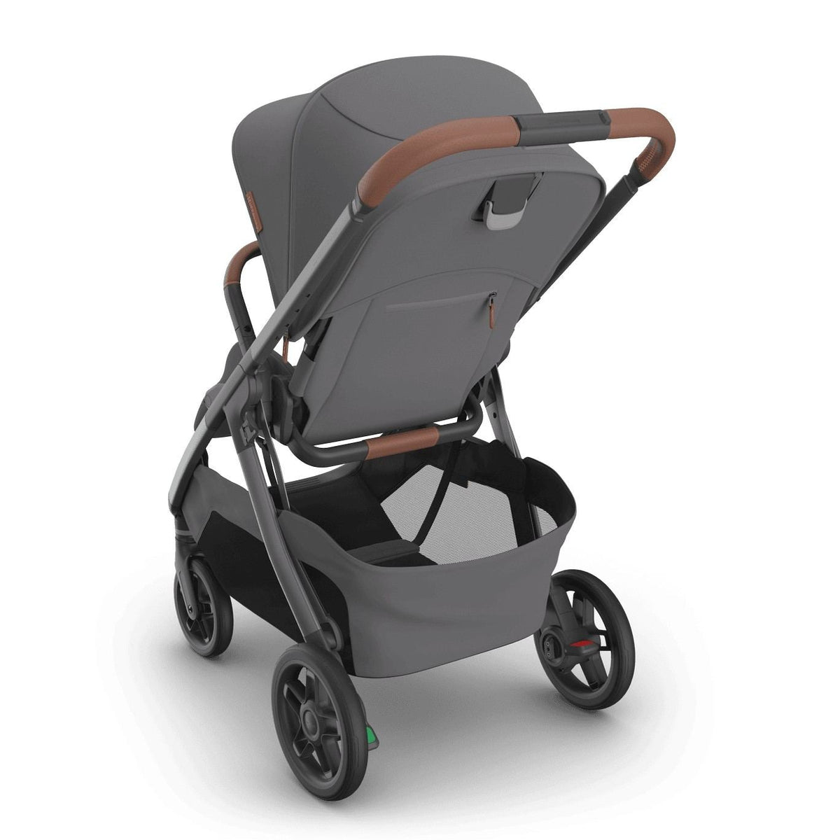 
Three-quarter rear view of a grey baby stroller with brown leather accents and a storage basket, isolated on a white background.