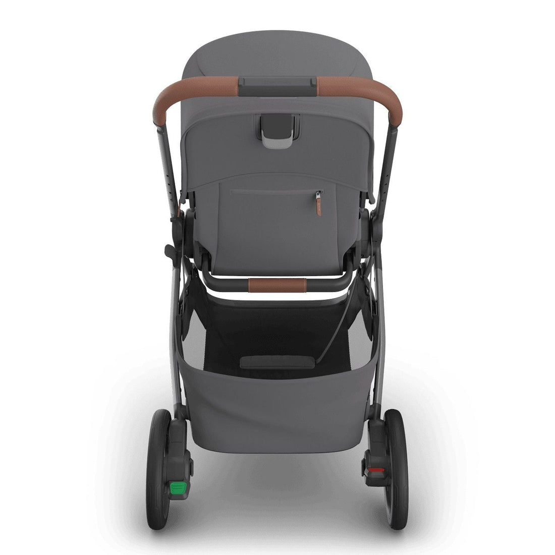 
Rear view of a grey baby stroller with brown leather handle grip and storage basket, isolated on a white background.