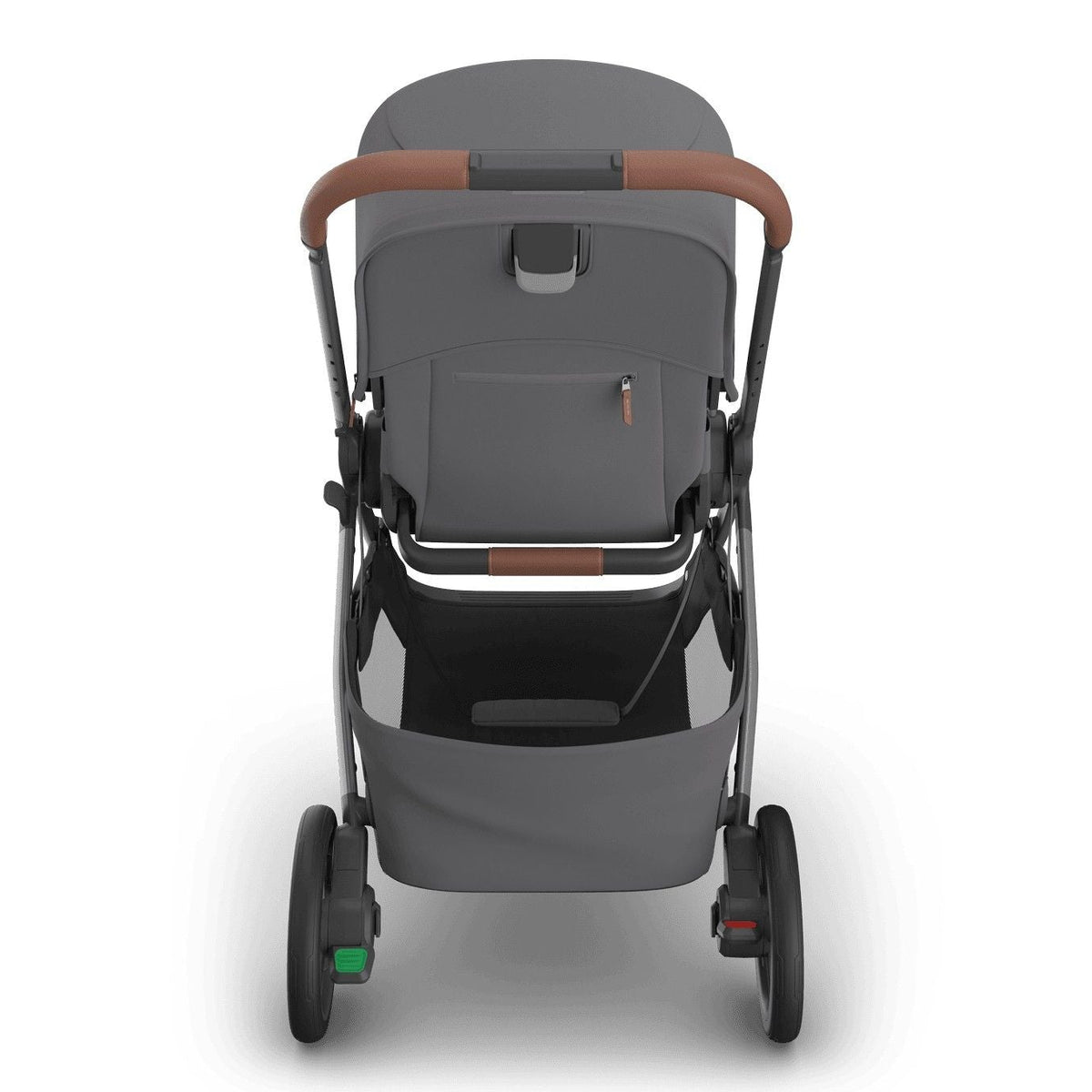 
Rear view of a grey baby stroller with brown leather handle grip and storage basket, isolated on a white background.