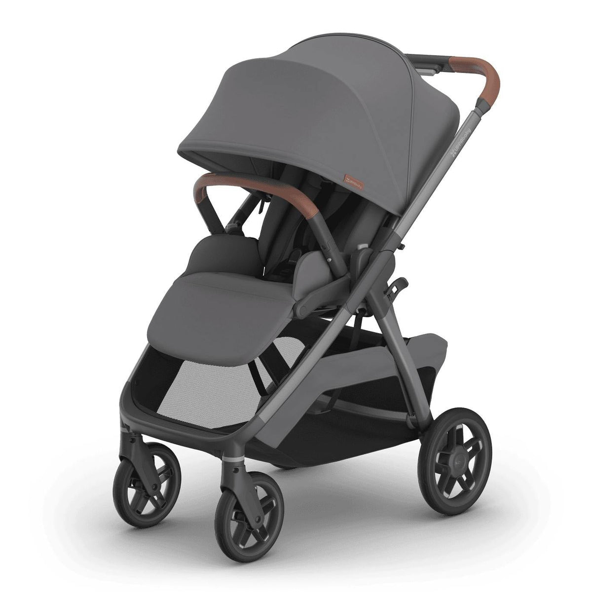 
Three-quarter front view of a grey forward-facing baby stroller with brown leather handle grips and a storage basket, isolated on a white background.
