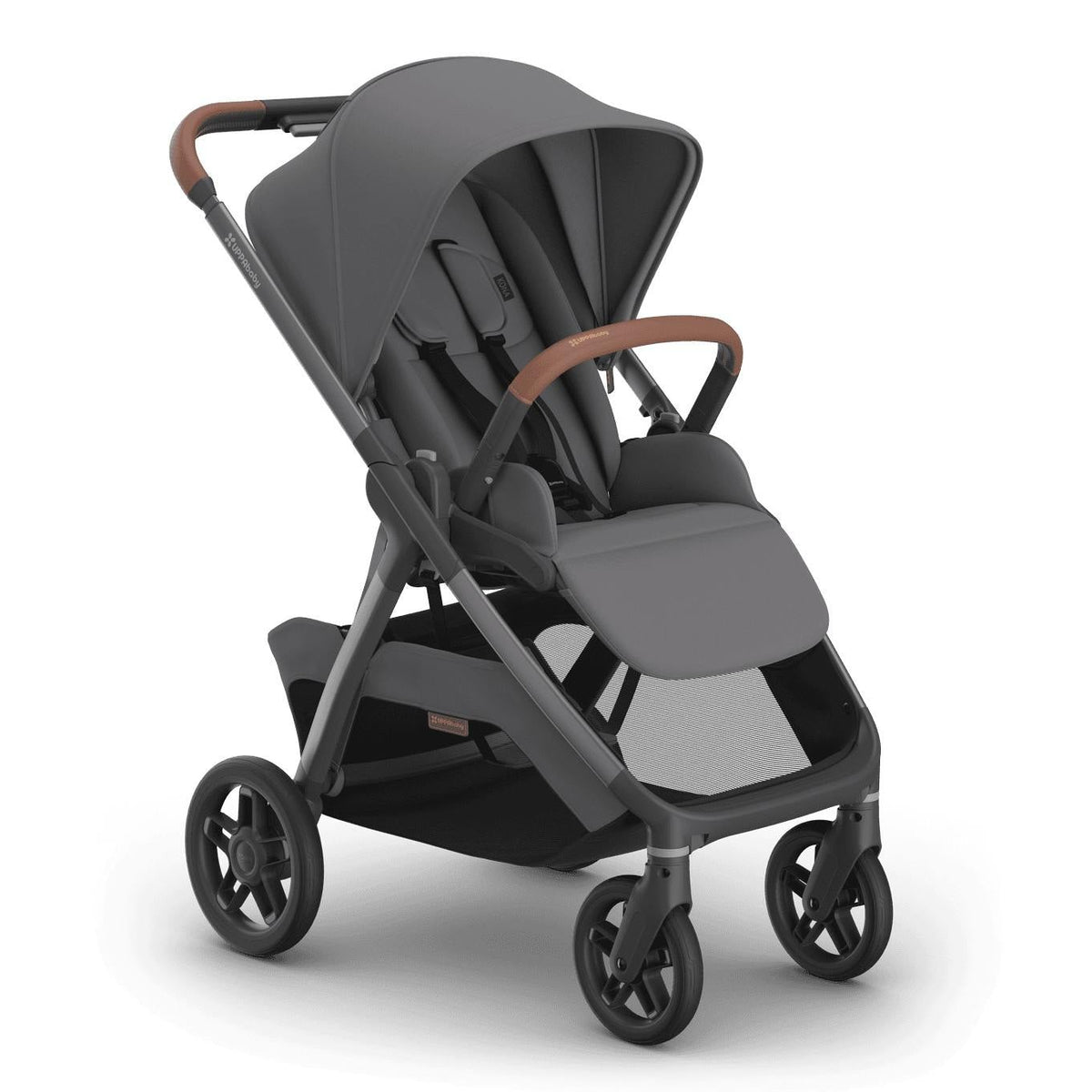 
Three-quarter front view of a grey parent-facing baby stroller with brown leather handle grips, isolated on a white background.