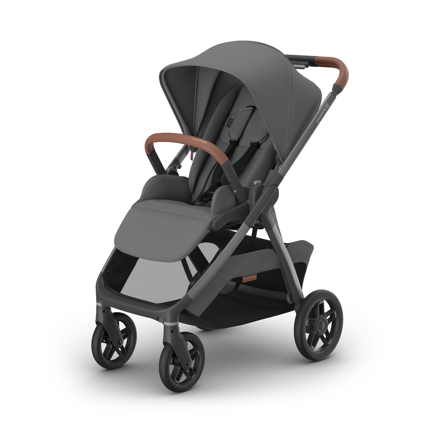 A modern stroller in dark gray fabric with brown leather-look handlebar grips and a dark gray frame, shown at a three-quarter angle on a clean white background.