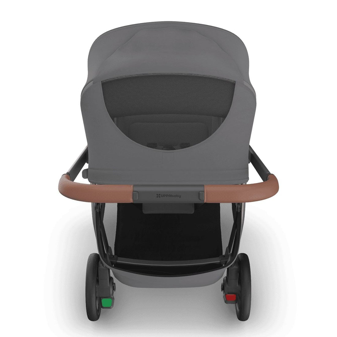 
Rear view of a grey baby stroller with a brown leather handle grip and mesh peek-a-boo window, isolated on a white background.