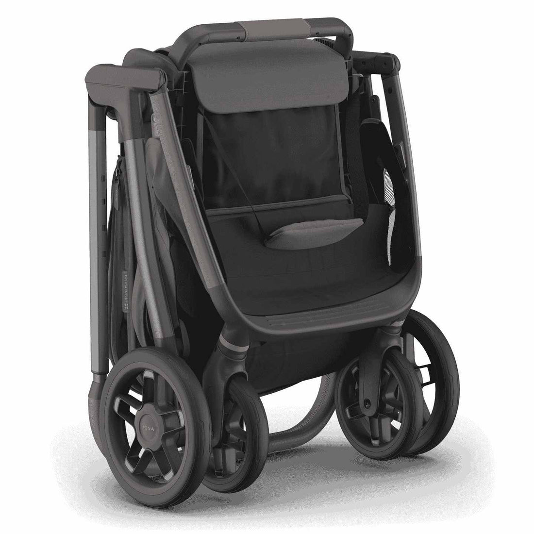 
Three-quarter front view of a folded grey baby stroller standing upright, isolated on a white background.
