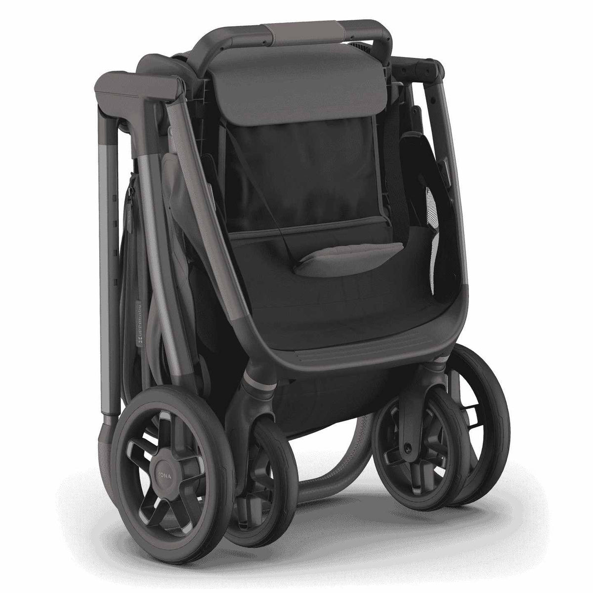 
Three-quarter front view of a folded grey baby stroller standing upright, isolated on a white background.
