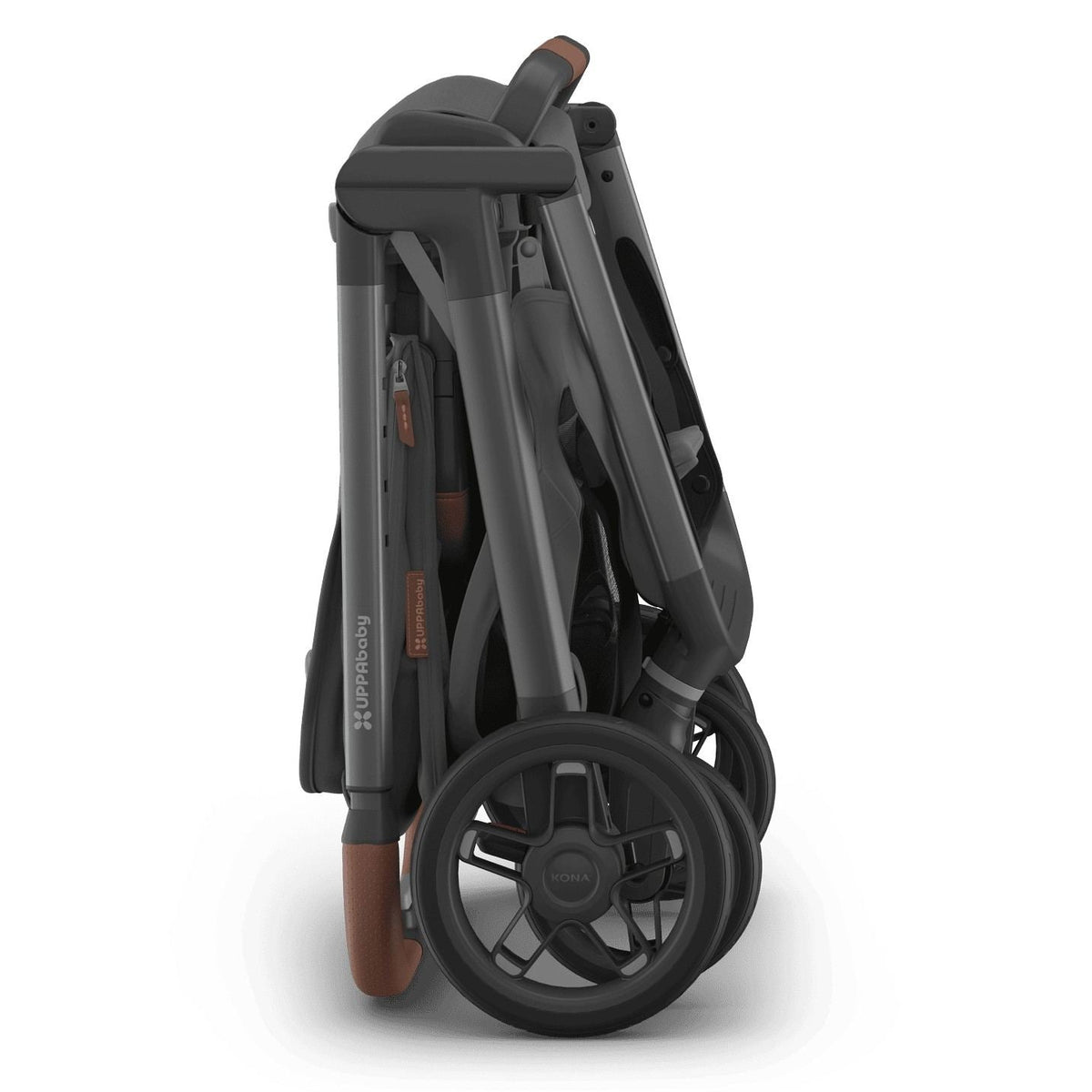 
Side profile of a folded grey baby stroller standing upright, isolated on a white background.