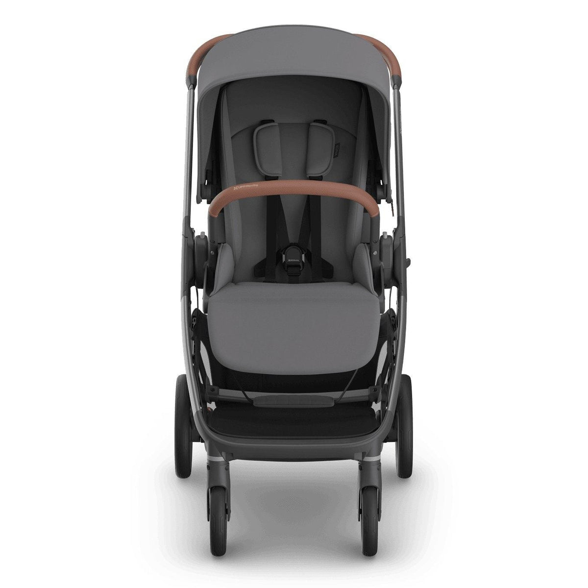 
Front view of a grey forward-facing baby stroller with brown leather handle grips, isolated on a white background.
