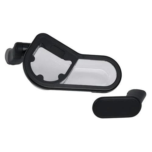 
Black stroller parent organizer tray with cup holder and compartment lid, isolated on a white background.