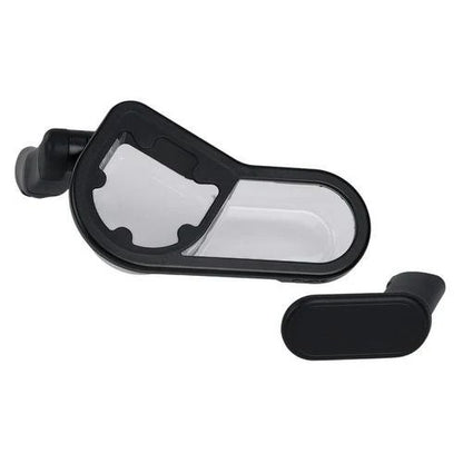 
Black stroller parent organizer tray with cup holder and compartment lid, isolated on a white background.