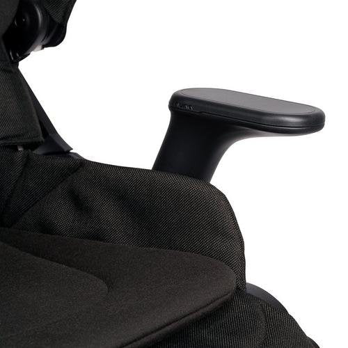 
Close-up of a black stroller armrest attachment and fabric seat cushion, isolated on a white background.