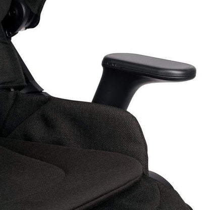 
Close-up of a black stroller armrest attachment and fabric seat cushion, isolated on a white background.