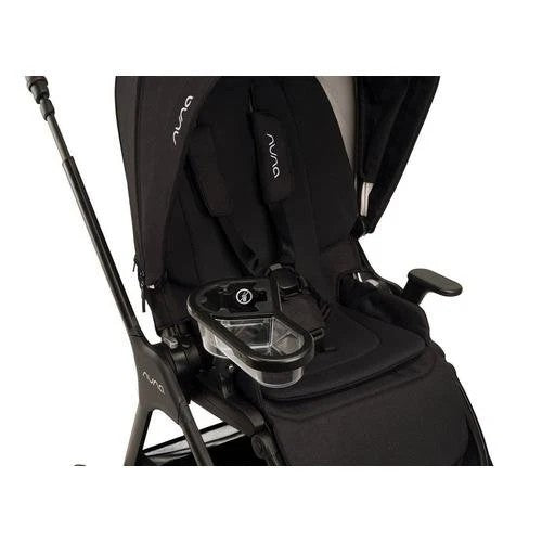 
Close-up of a black stroller with attached parent tray and harness, isolated on a white background.