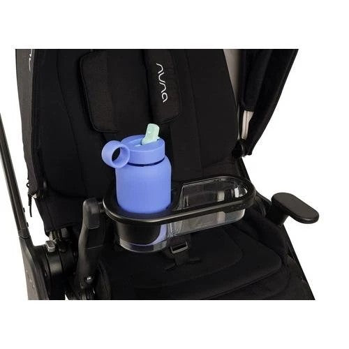 
Close-up of a black stroller with a purple water bottle holding in the parent tray, isolated on a white background.