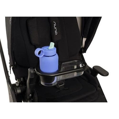 
Close-up of a black stroller with a purple water bottle holding in the parent tray, isolated on a white background.