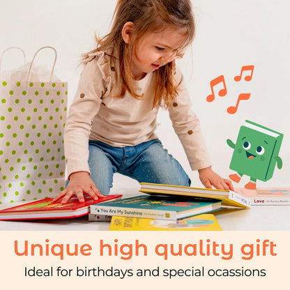 
Child reading books with a gift bag and cartoon character on a light background