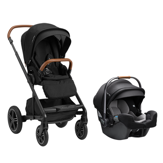 [Caviar/Caviar] A black stroller and matching infant car seat travel system shown on a clean white background. The stroller has a black seat and canopy with brown leather-look handle accents, and the car seat is also black with a matching brown handle.
