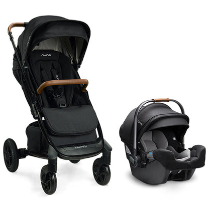 
Nuna stroller and infant car seat travel system in black with brown leatherette handle accents, shown on a clean white background.
