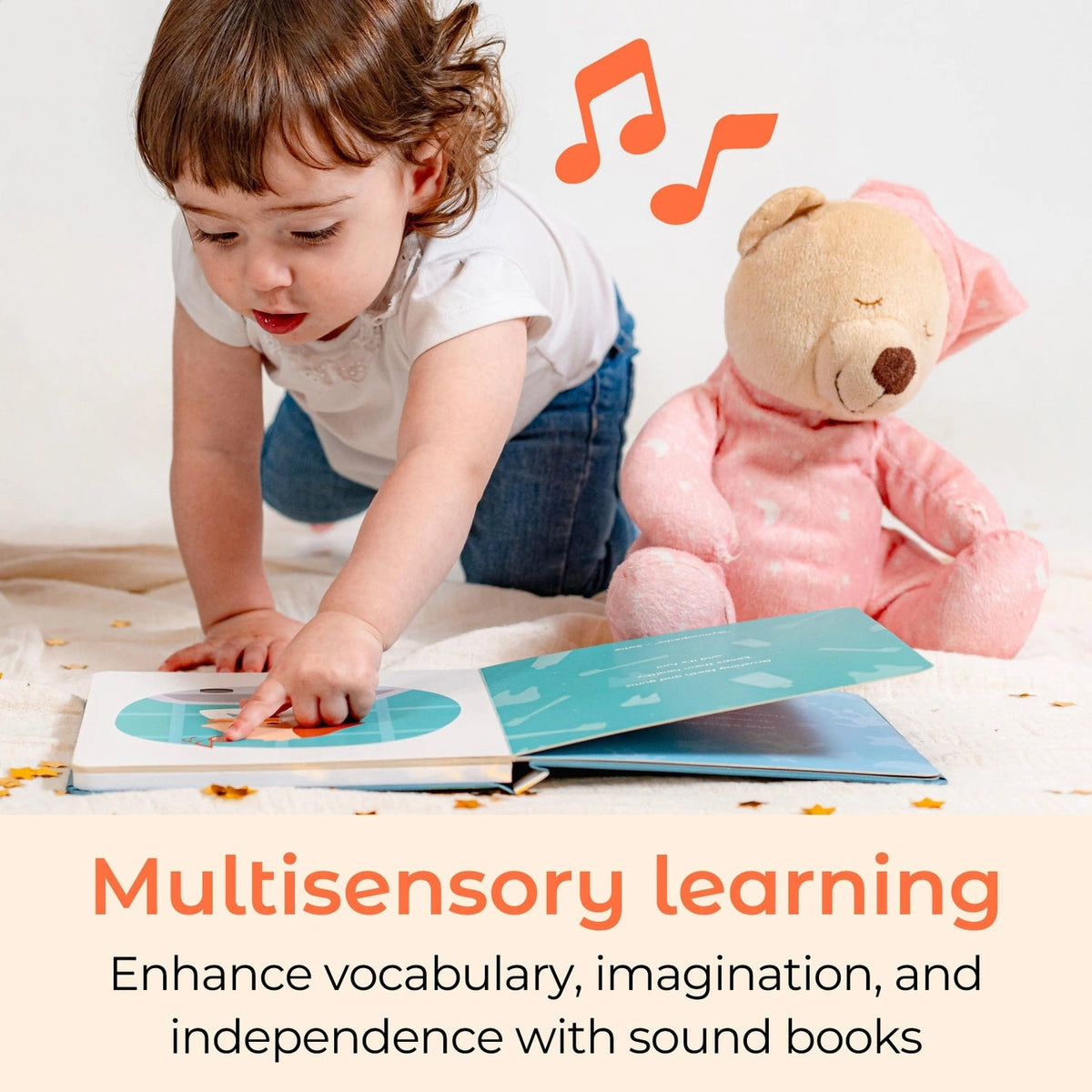 
Child reading a book with a teddy bear, surrounded by music notes, on a light background.