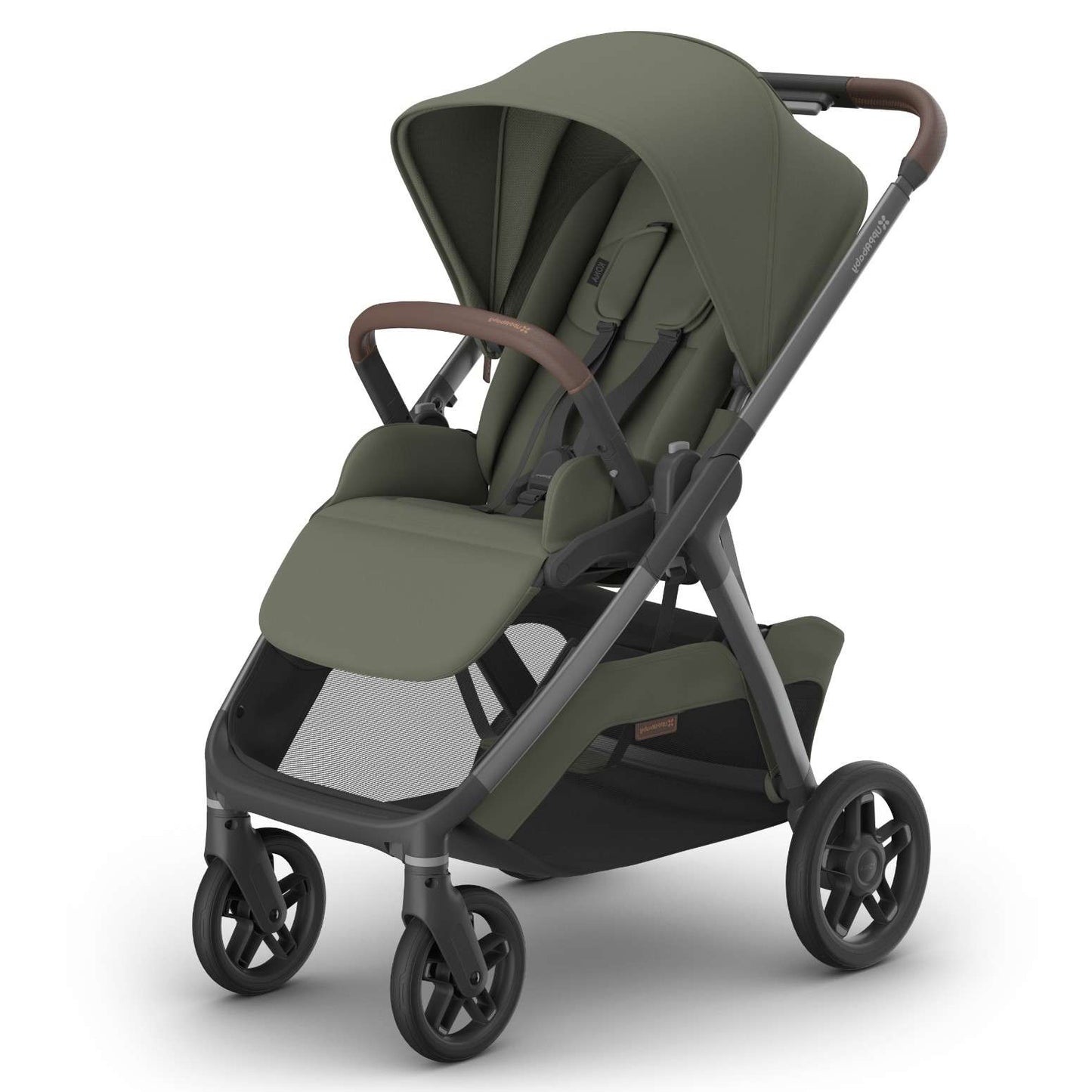 An olive green stroller with a dark gray frame and brown handle grips, shown from a three-quarters angle on a white background.