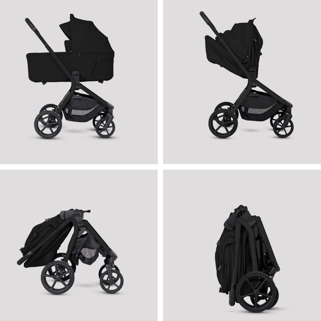 A four-panel collage showing a black stroller in bassinet mode, seat mode, mid-fold process, and compactly folded.