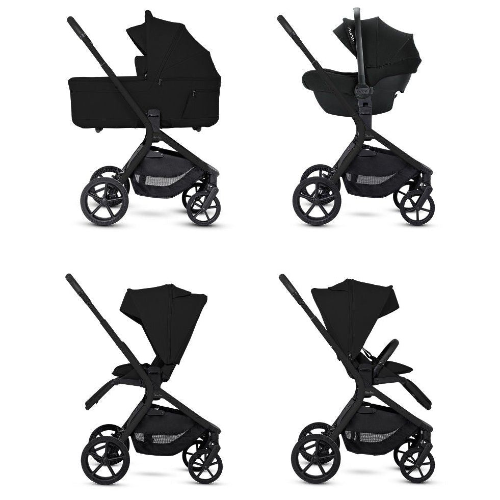 Four side views showing a modular black stroller in different configurations: bassinet mode, car seat mode, parent-facing mode, and forward-facing mode.