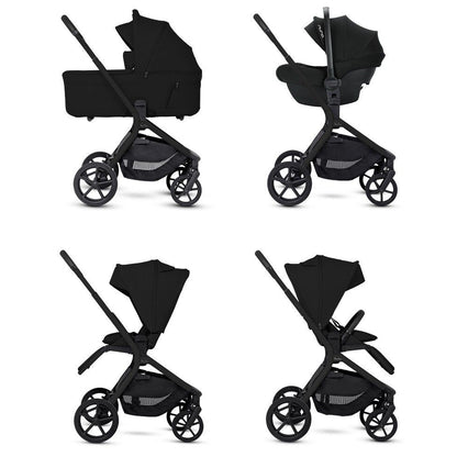 Four side views showing a modular black stroller in different configurations: bassinet mode, car seat mode, parent-facing mode, and forward-facing mode.