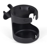 A black plastic clip-on cup holder designed for a stroller.