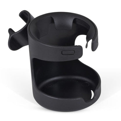 A black plastic clip-on cup holder designed for a stroller.