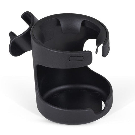 A black plastic clip-on cup holder designed for a stroller.