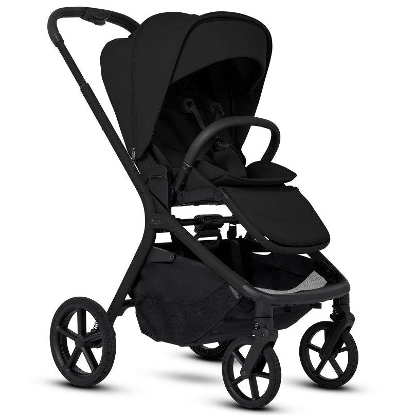 An all-black modern stroller shown fully open from a three-quarters perspective.