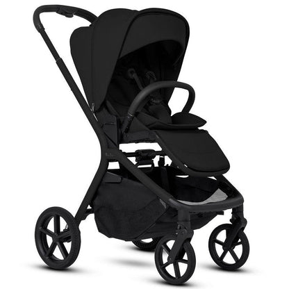 An all-black modern stroller shown fully open from a three-quarters perspective.