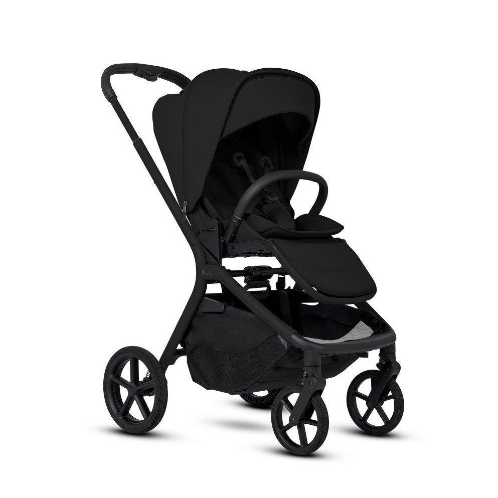 An all-black standard stroller shown fully open from a three-quarter angle view.