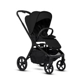 An all-black standard stroller shown fully open from a three-quarter angle view.