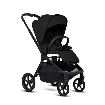 An all-black standard stroller shown fully open from a three-quarter angle view.
