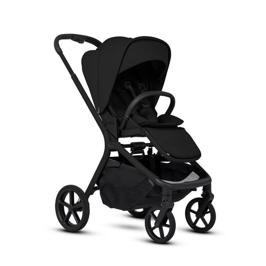 An all-black standard stroller shown fully open from a three-quarter angle view.