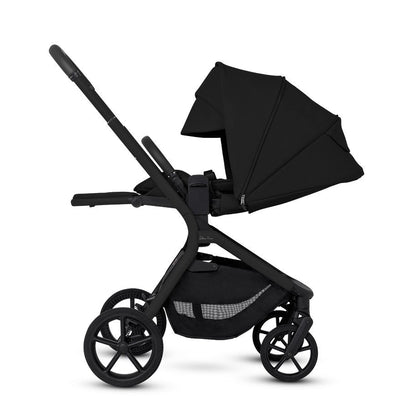 A side profile view of an open all-black stroller with its canopy fully extended.