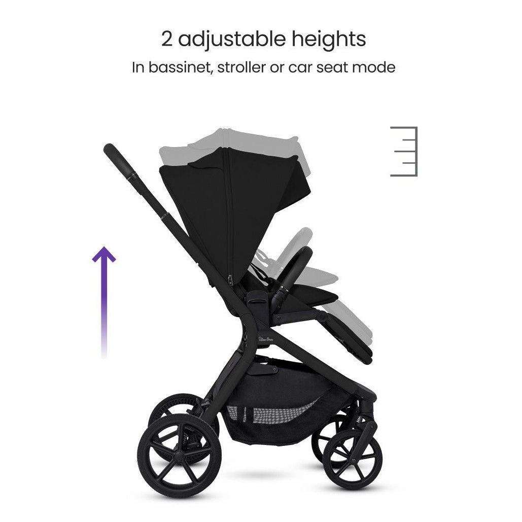 Diagram demonstrating the 2 adjustable height positions of a black stroller with text overlay.