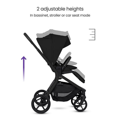 Diagram demonstrating the 2 adjustable height positions of a black stroller with text overlay.