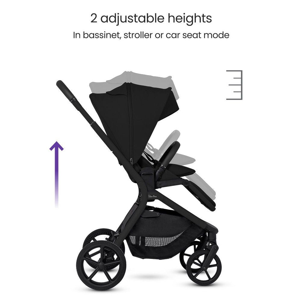 An all-black stroller diagram demonstrating two adjustable seat height positions with a graphic arrow and ruler indicator.