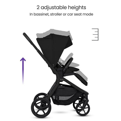 An all-black stroller diagram demonstrating two adjustable seat height positions with a graphic arrow and ruler indicator.