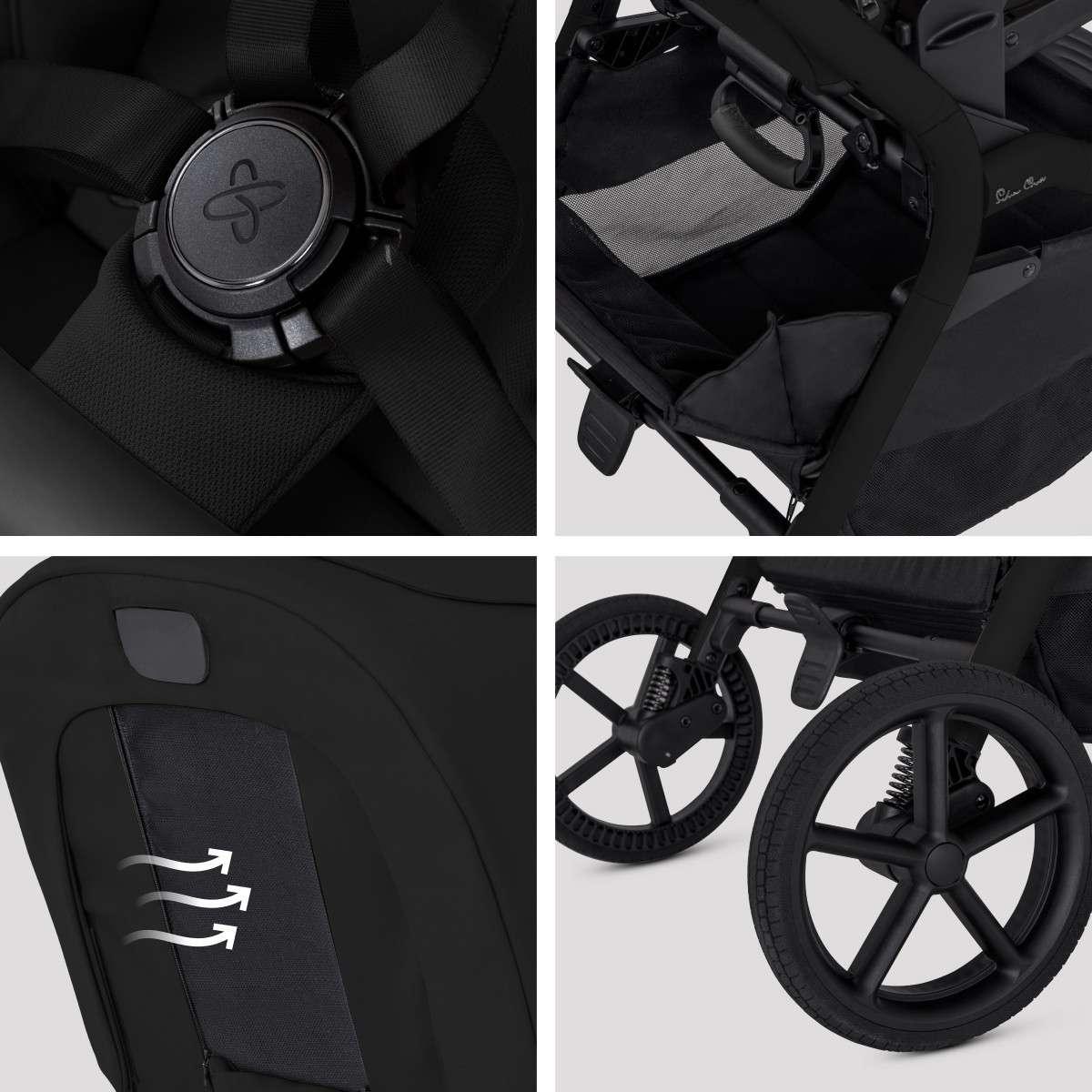 A four-panel collage showing close-ups of a stroller's five-point harness buckle, under-seat storage basket, mesh ventilation panel, and large wheels with suspension.