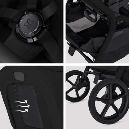 A four-panel collage showing close-ups of a stroller's five-point harness buckle, under-seat storage basket, mesh ventilation panel, and large wheels with suspension.