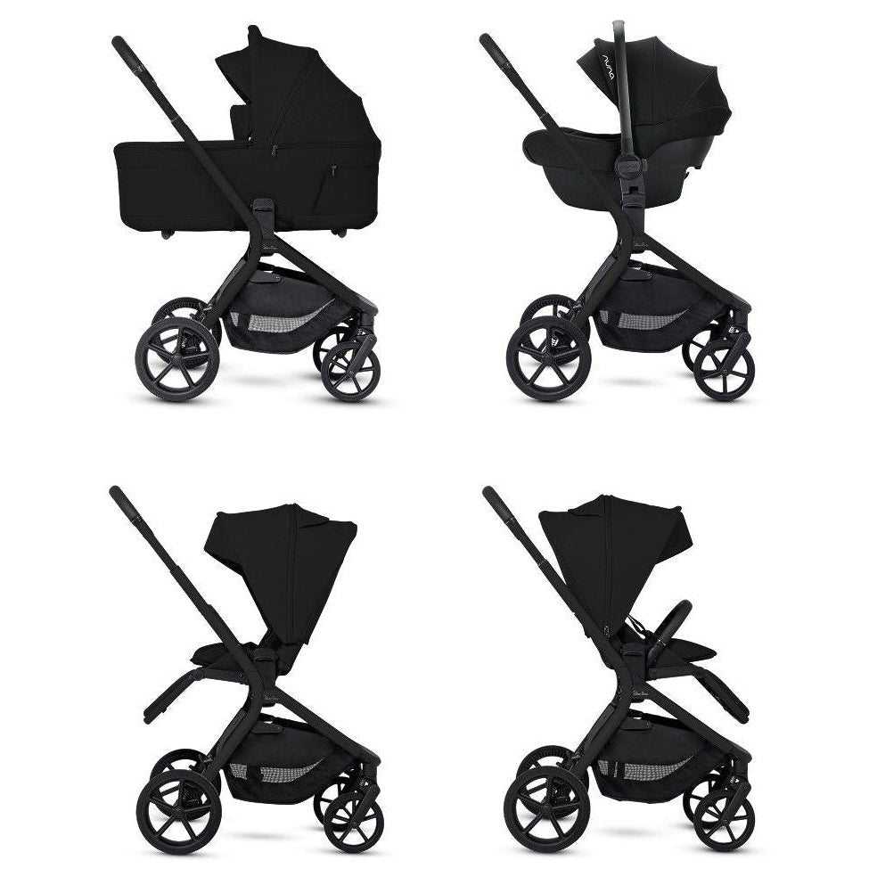 Four side views showing a modular black stroller in different configurations: bassinet mode, car seat mode, parent-facing mode, and forward-facing mode.
