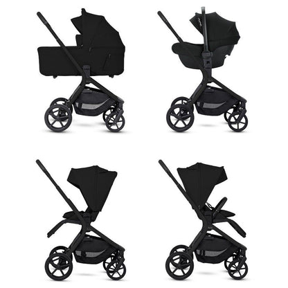 Four side views showing a modular black stroller in different configurations: bassinet mode, car seat mode, parent-facing mode, and forward-facing mode.