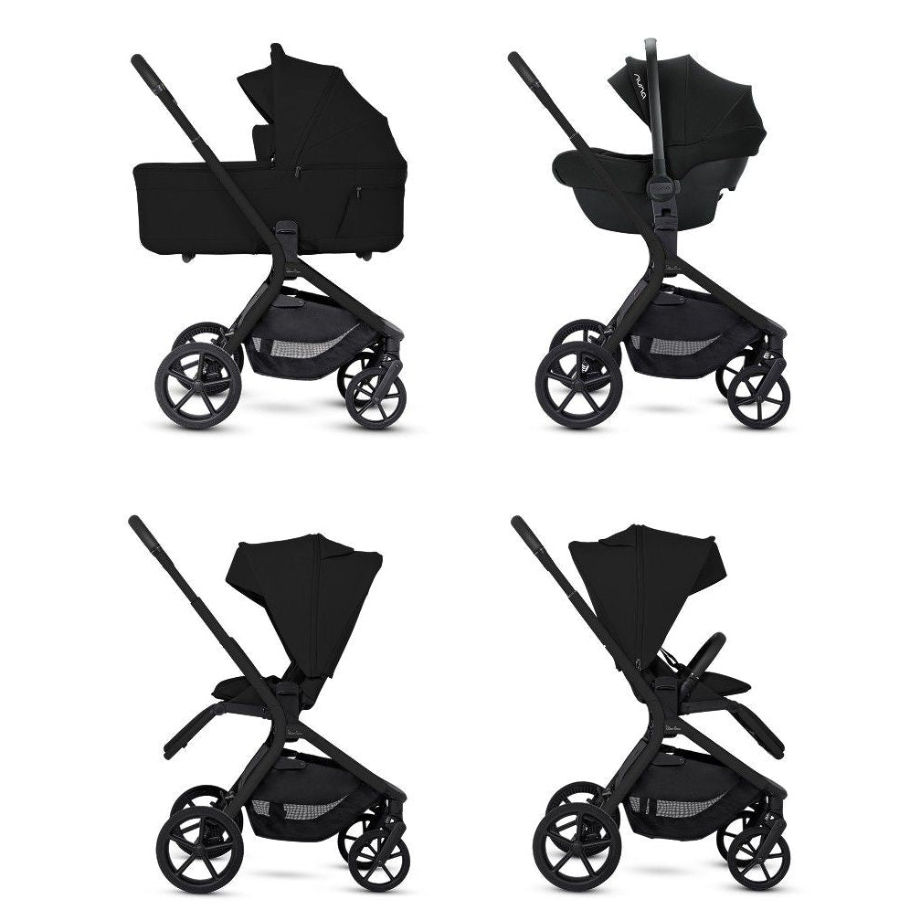 Four side views showing an all-black stroller in multiple configurations: bassinet mode, travel system mode, parent-facing seat mode, and forward-facing toddler seat mode.