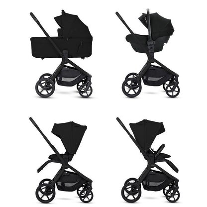 Four side views showing an all-black stroller in multiple configurations: bassinet mode, travel system mode, parent-facing seat mode, and forward-facing toddler seat mode.