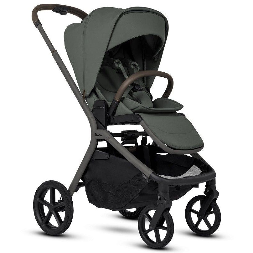 An olive green modern stroller with brown leather accents shown fully open from a three-quarters perspective.